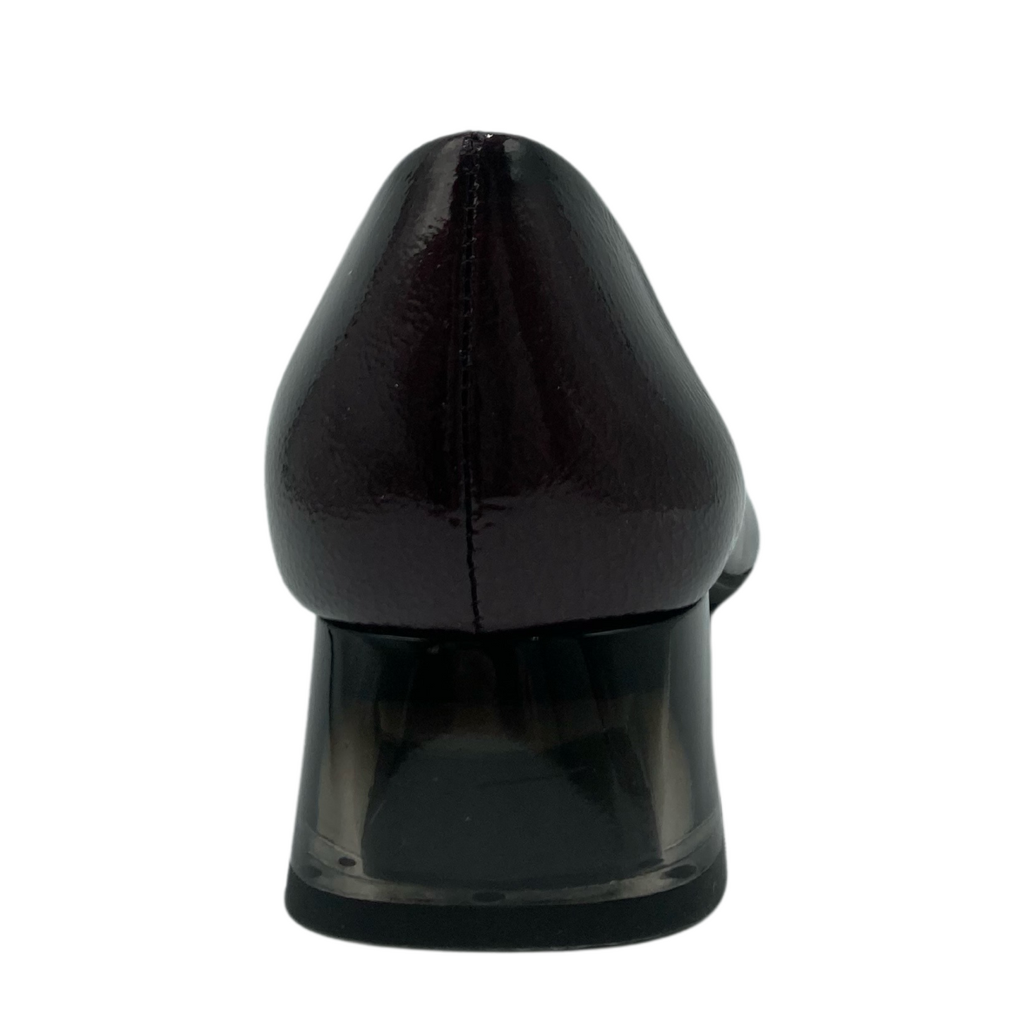 Back view of wine patent leather pump with block heel