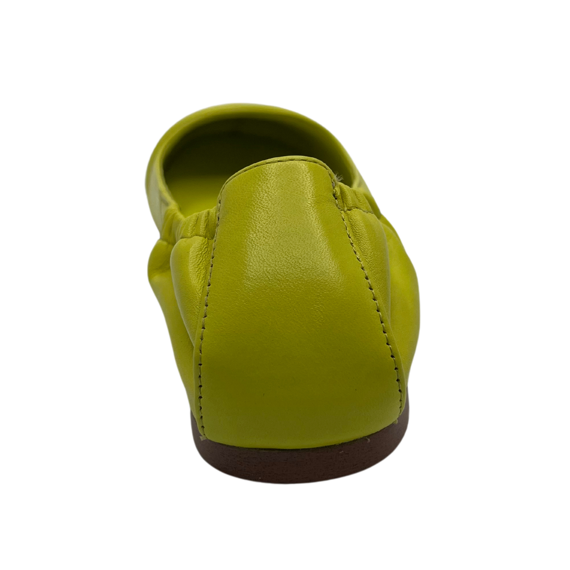 Back view of lime leather ballet flats with a rounded toe and elasticated back