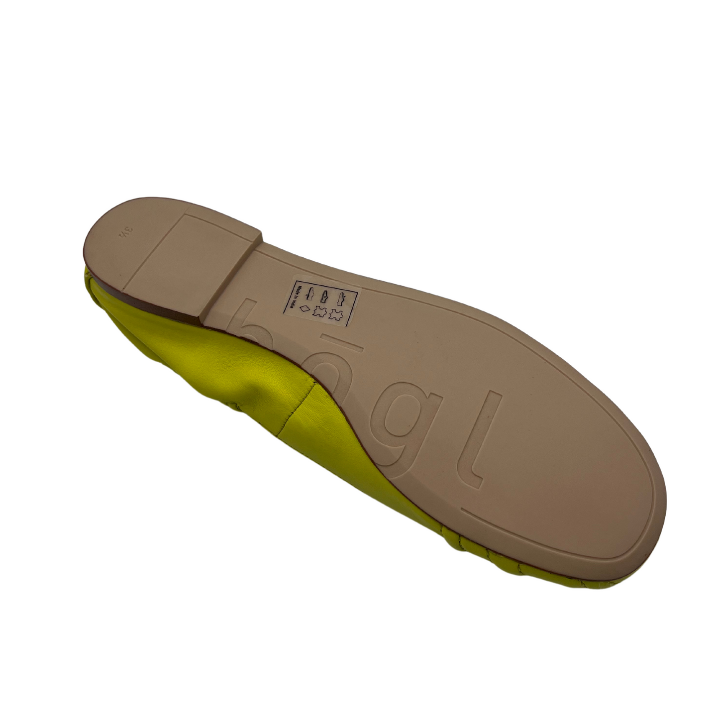 Bottom view of lime leather ballet flats with a rounded toe and elasticated back