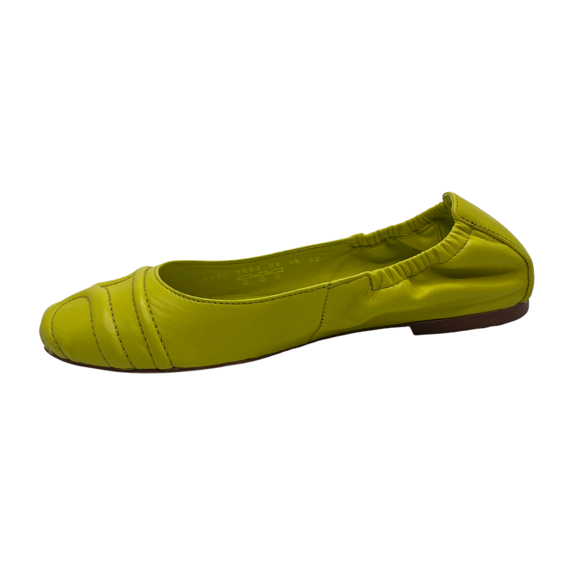 Left facing view of lime leather ballet flats with a rounded toe and elasticated back