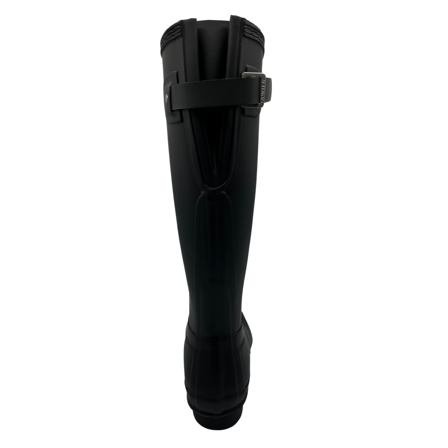 Back view of black waterproof tall boot with adjustable calf strap and low heel.