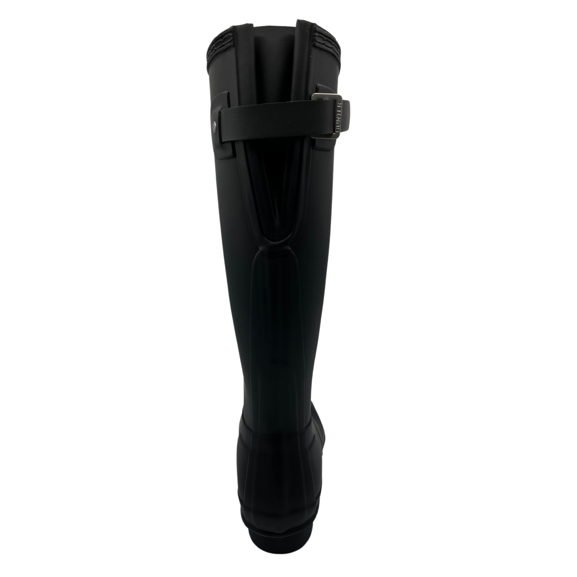 Back view of black waterproof tall boot with adjustable calf strap and low heel.