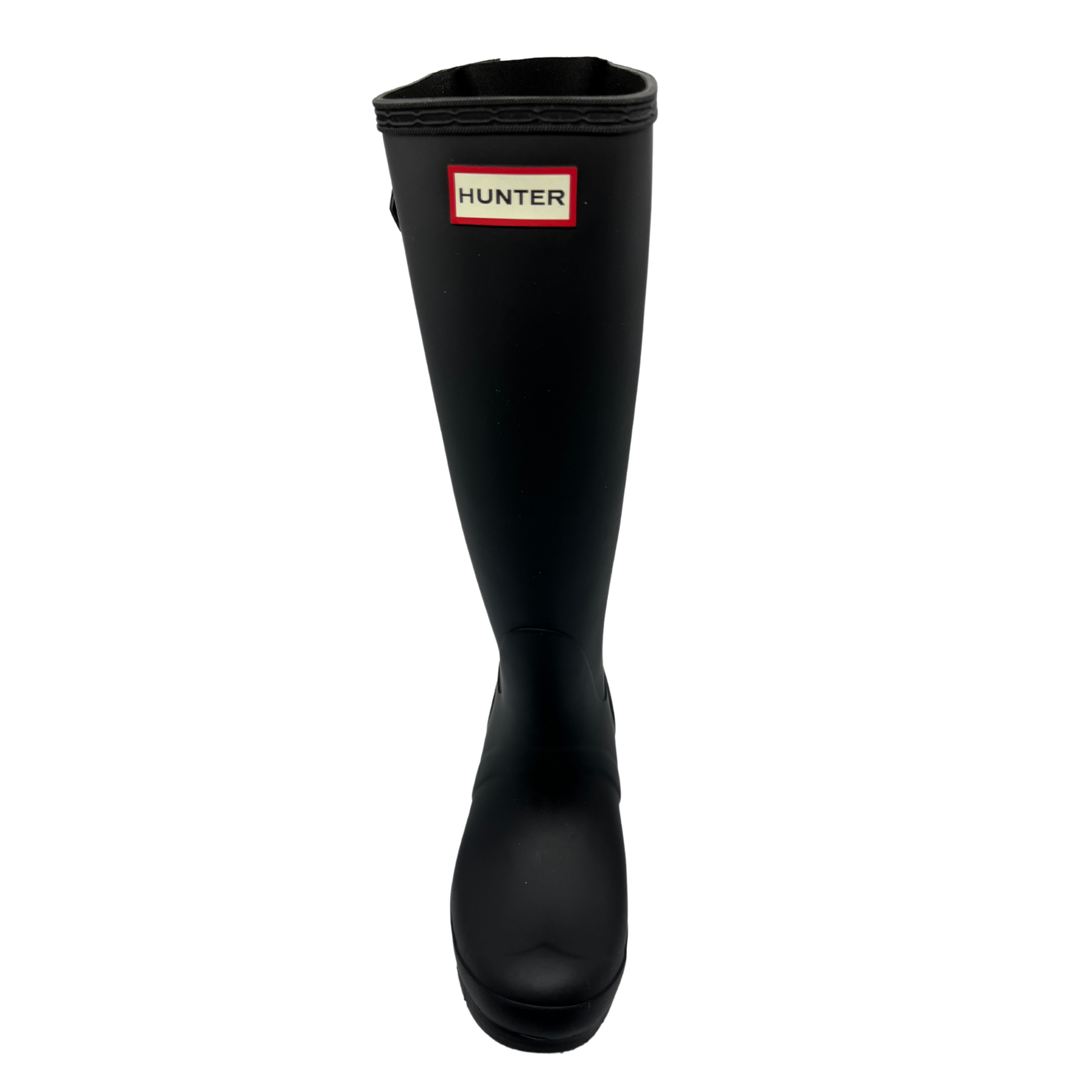 Front facing view of black waterproof tall boot with adjustable calf strap and low heel.