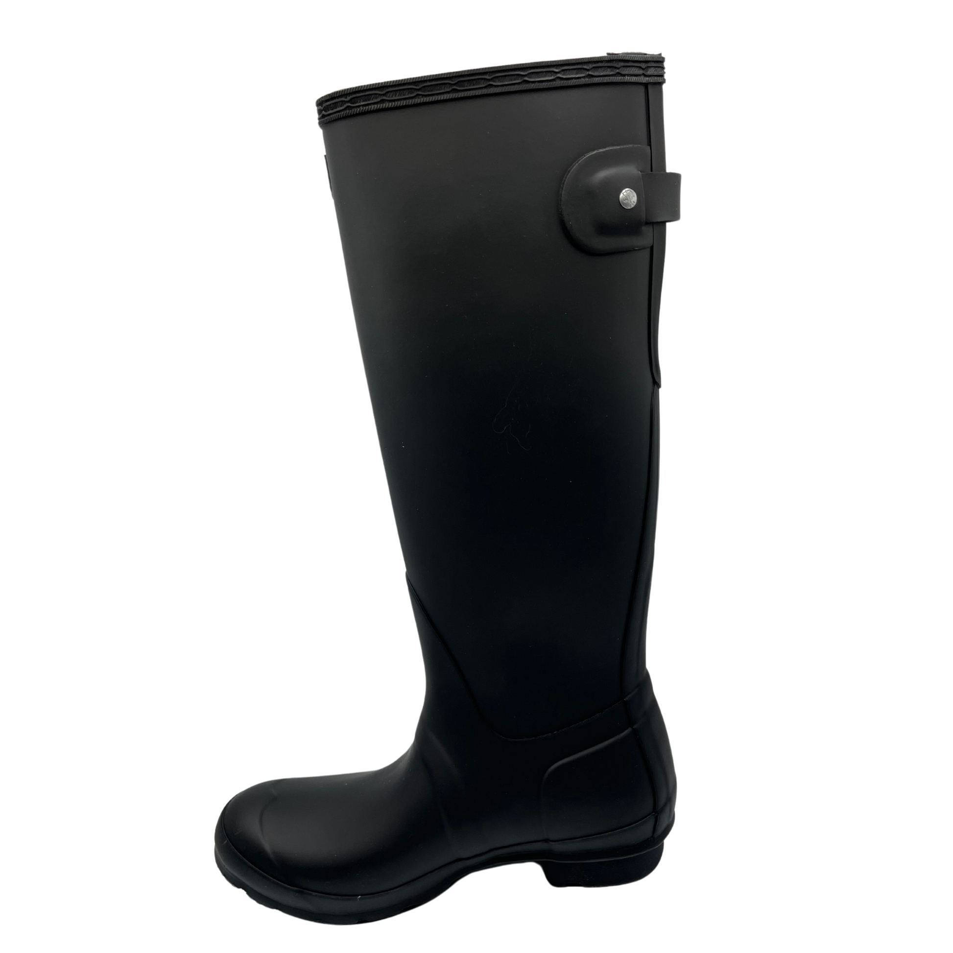 Left facing view of black waterproof tall boot with adjustable calf strap and low heel.