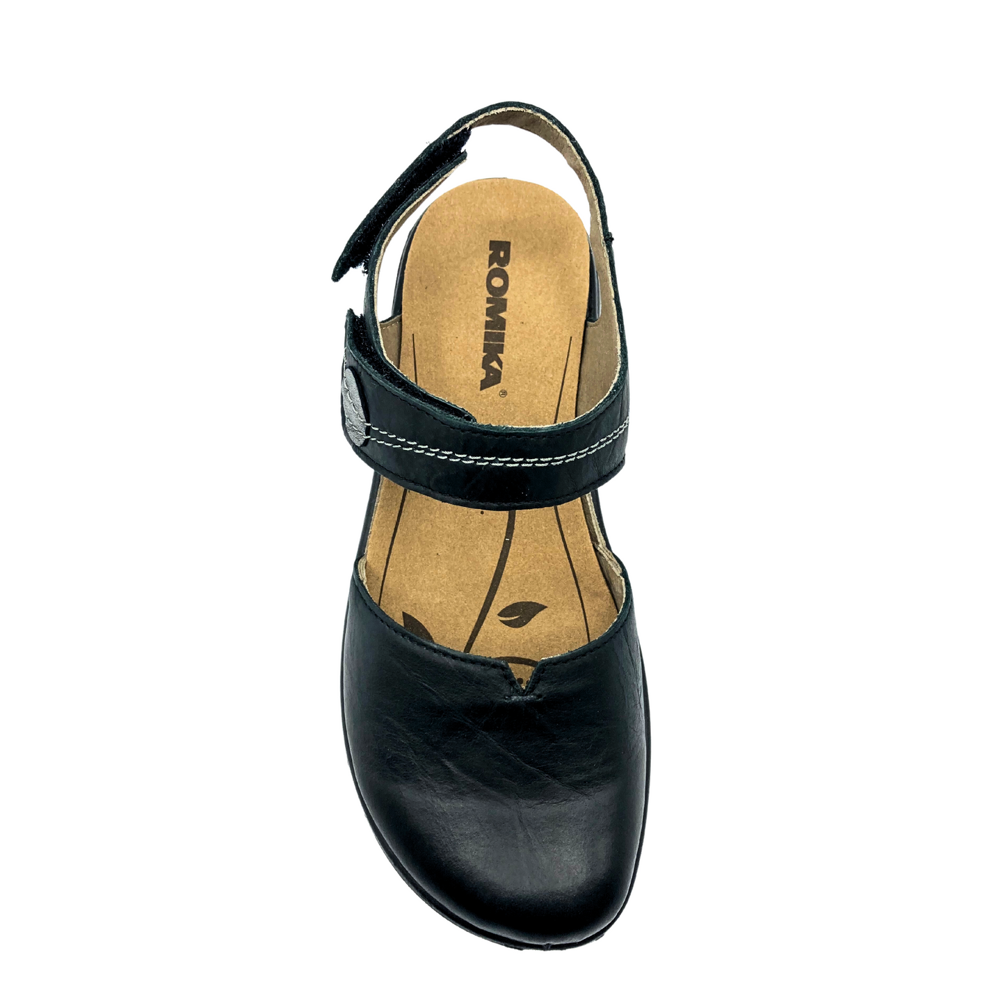 Top down view of a closed toe walking sandal. Great ergonomic footbed. White stitch detail across top strap
