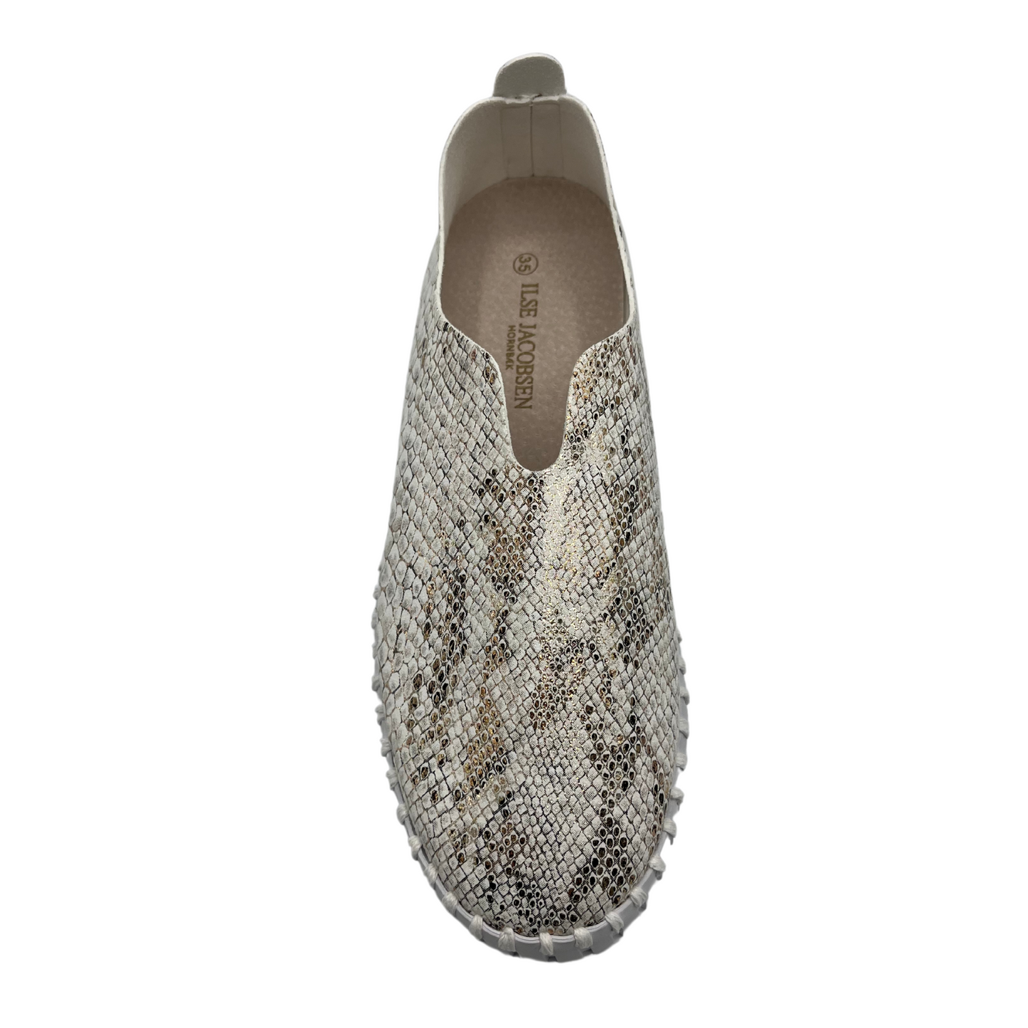 Top view of leather snake print sneaker with platform white rubber outsole