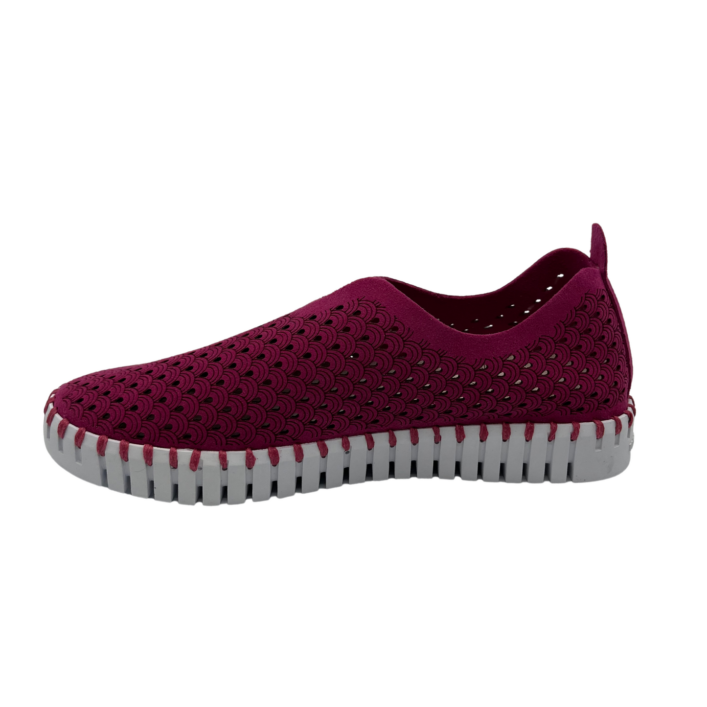 Left facing view of maroon embossed cutout slip on sneakers with white rubber outsole