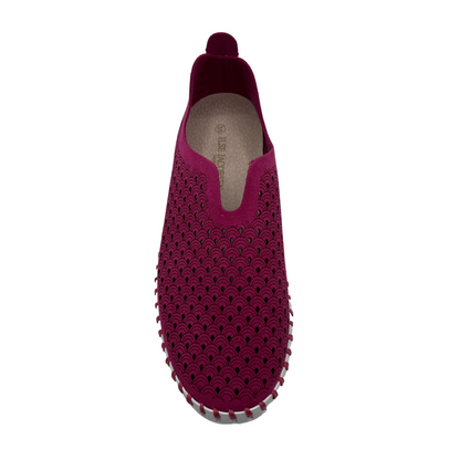 Top view of maroon embossed cutout slip on sneakers with white rubber outsole