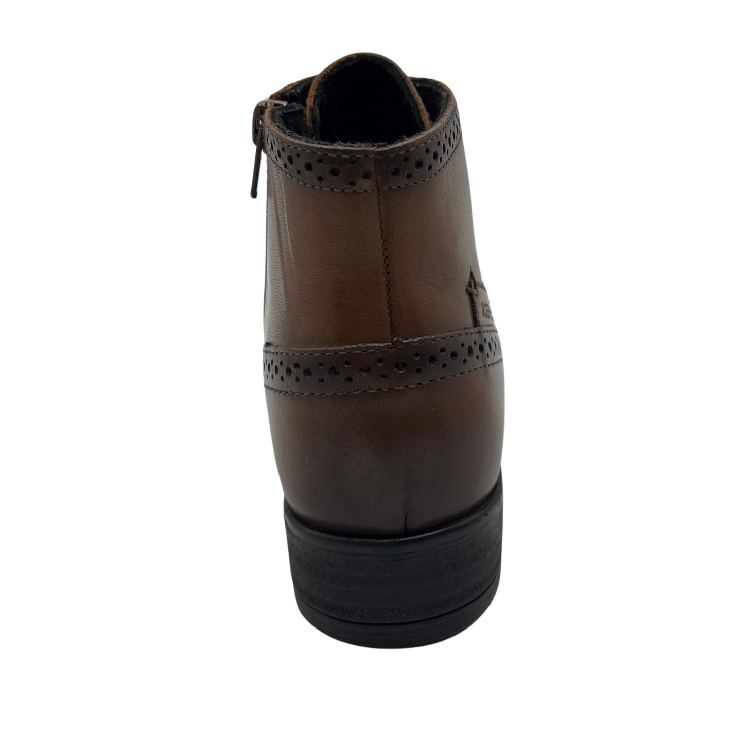 Back view of brown leather boot with perforated border details. Lace up front and inner side zipper.