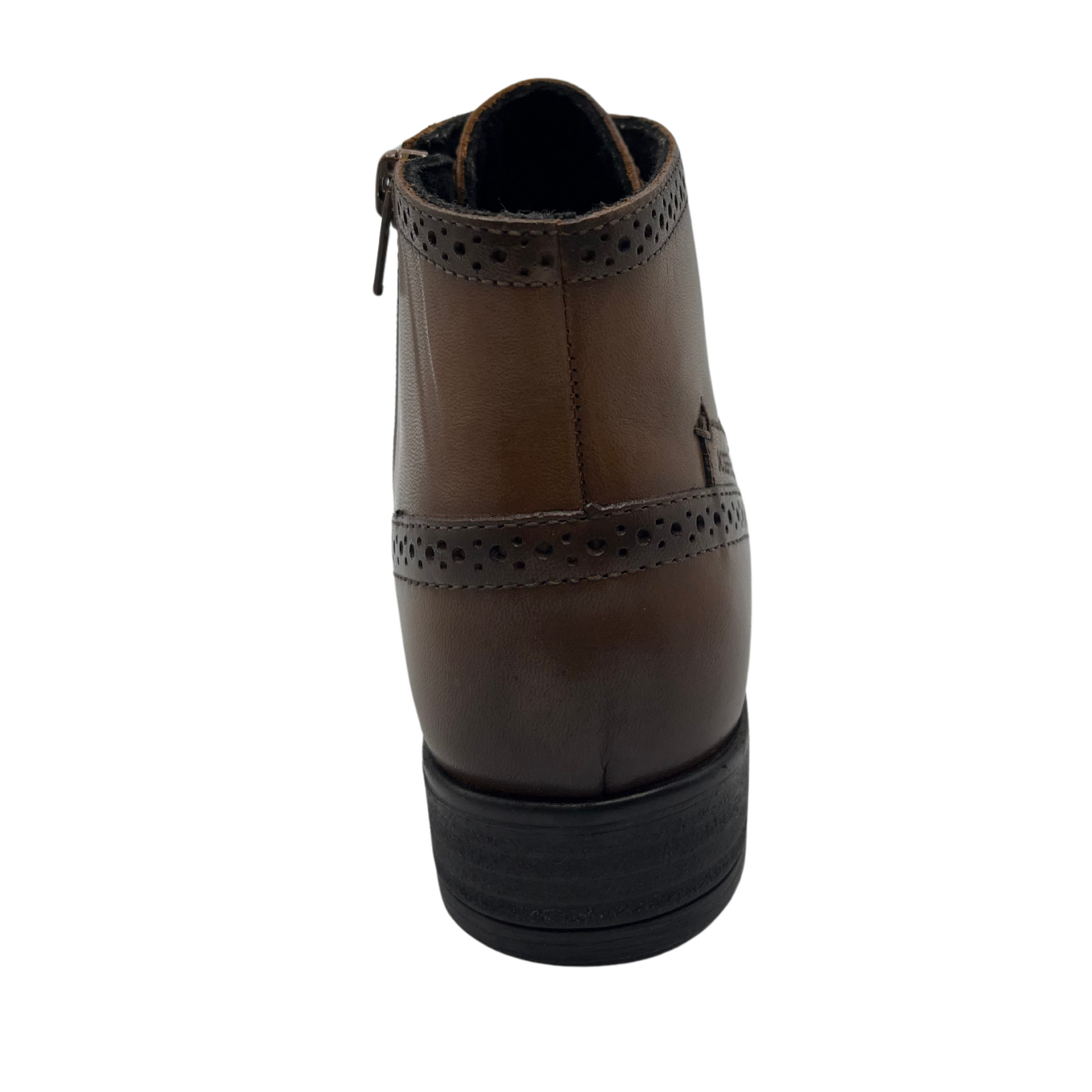 Back view of brown leather boot with perforated border details. Lace up front and inner side zipper.