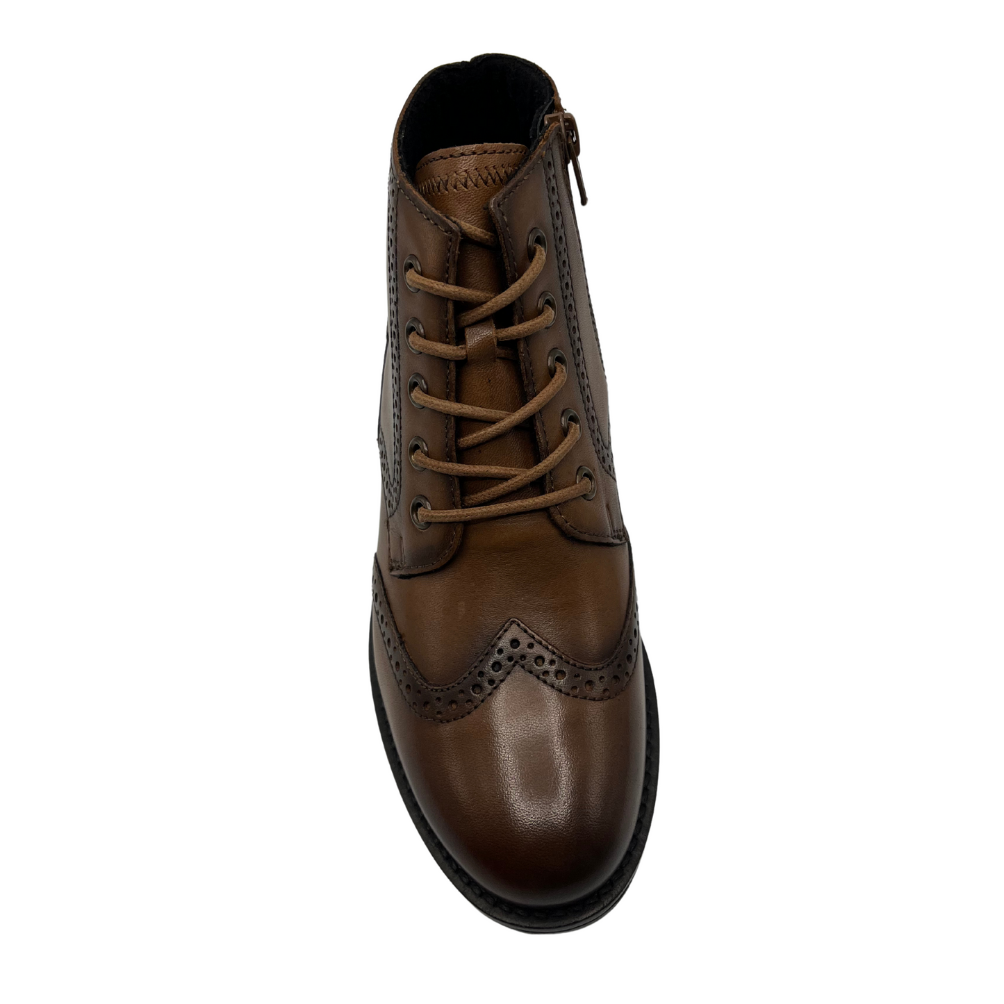 Top view of brown leather boot with perforated border details. Lace up front and inner side zipper.