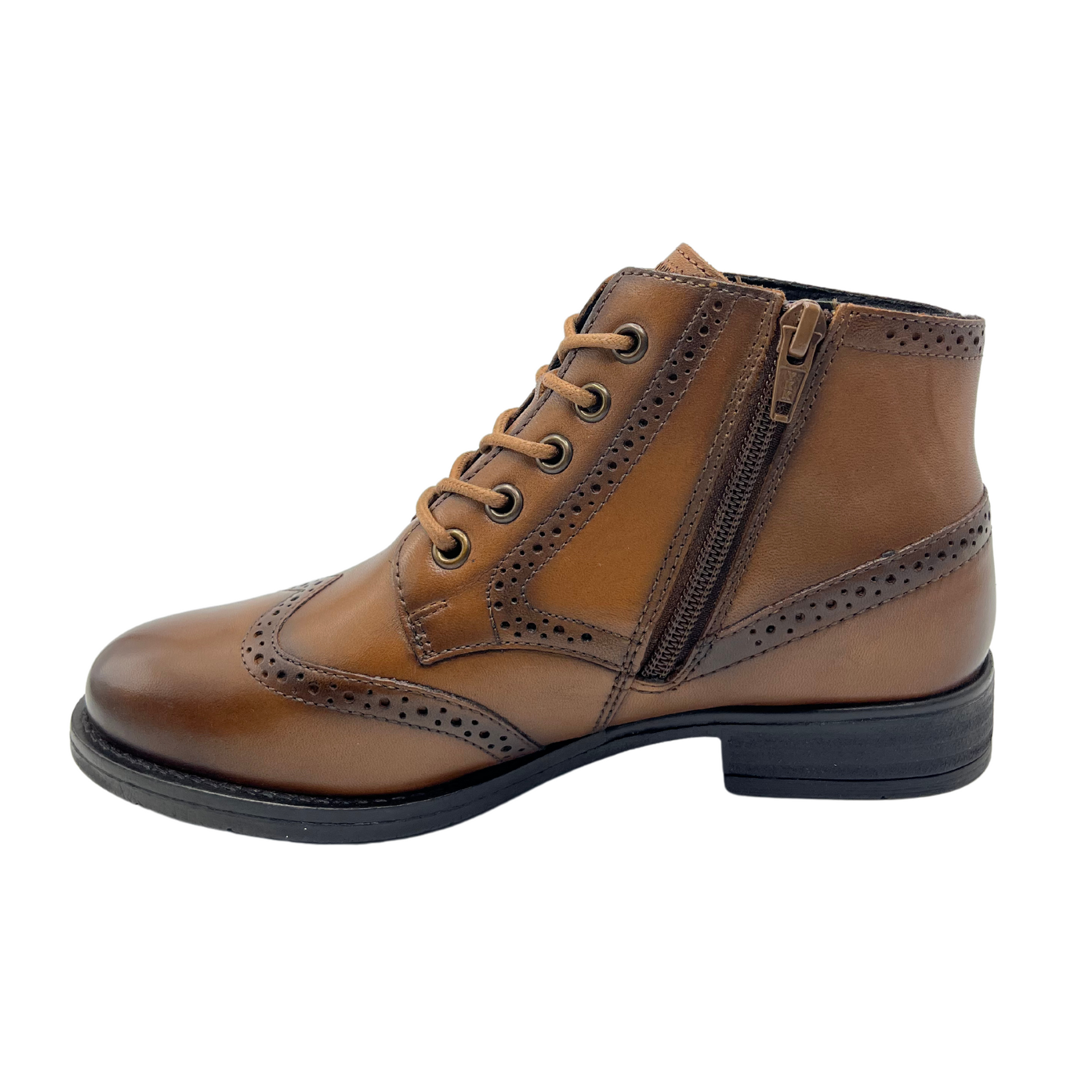 Left facing view of brown leather boot with perforated border details. Lace up front and inner side zipper.