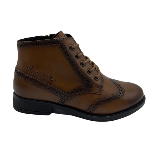 Right facing view of brown leather boot with perforated border details. Lace up front and inner side zipper.