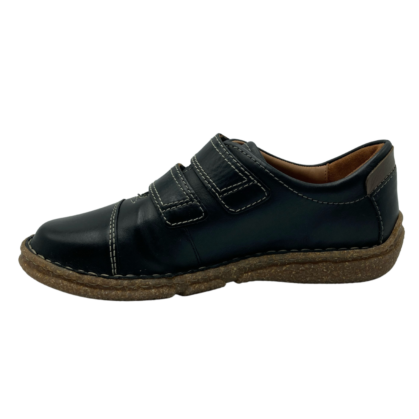Left facing view of black leather walking shoe with double velcro straps