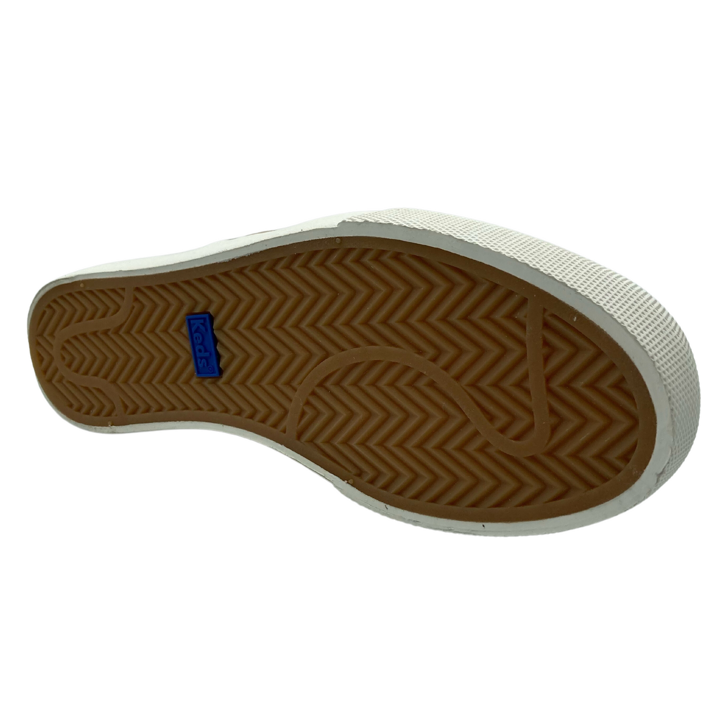 Bottom view of suede bootie with white and brown rubber outsole