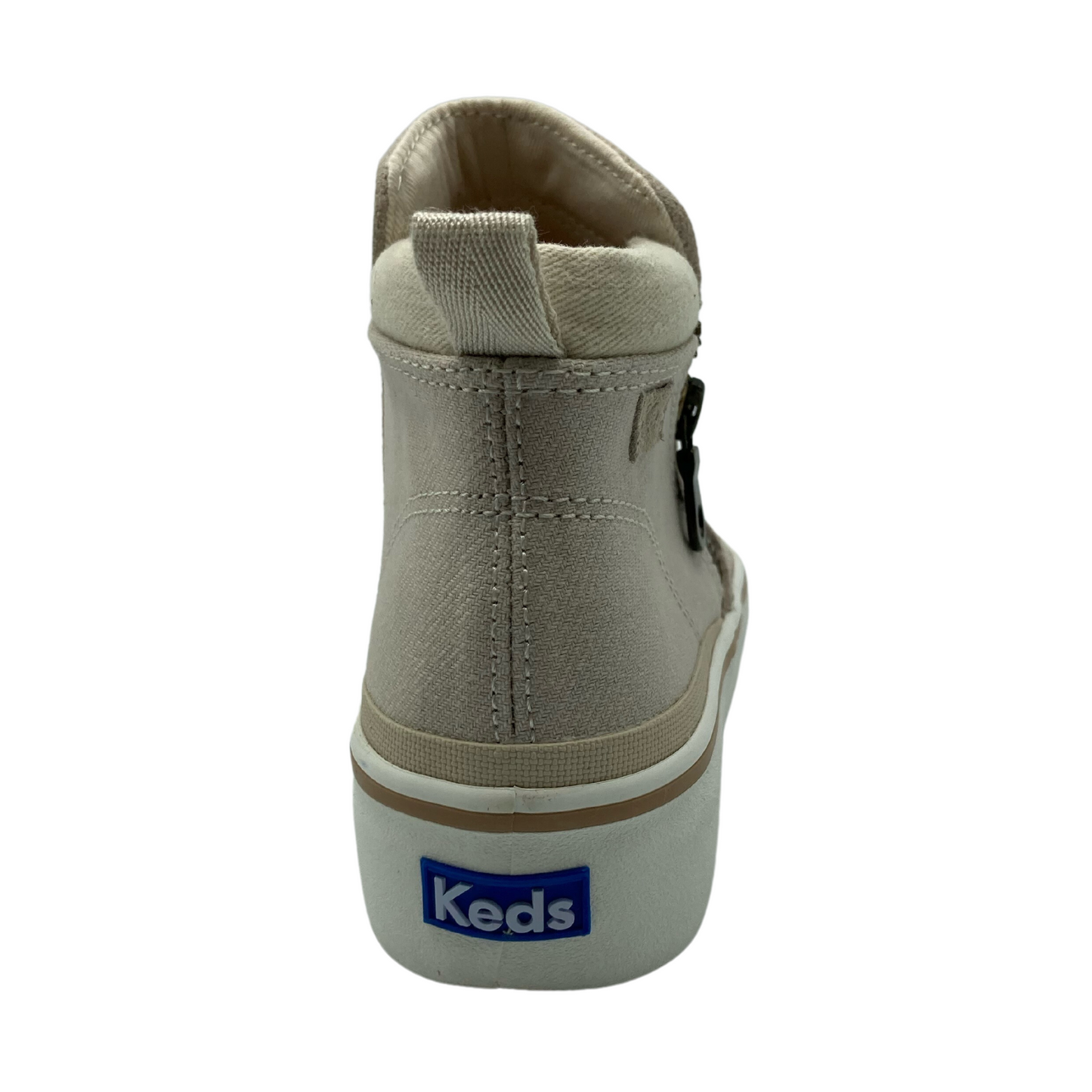 Back view of latte suede short bootie with white rubber outsole