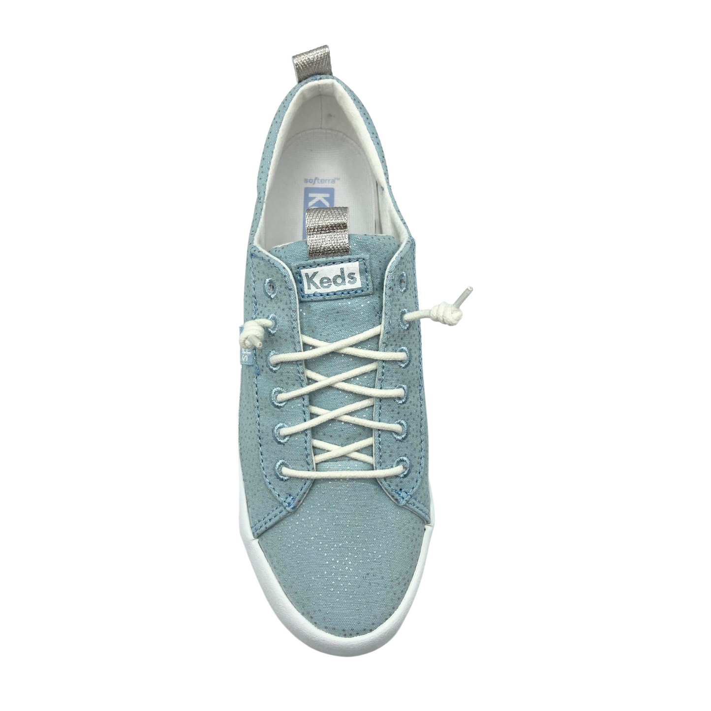 Top down view of a canvas sneaker with elastic laces. Shown in a light blue/silver combo