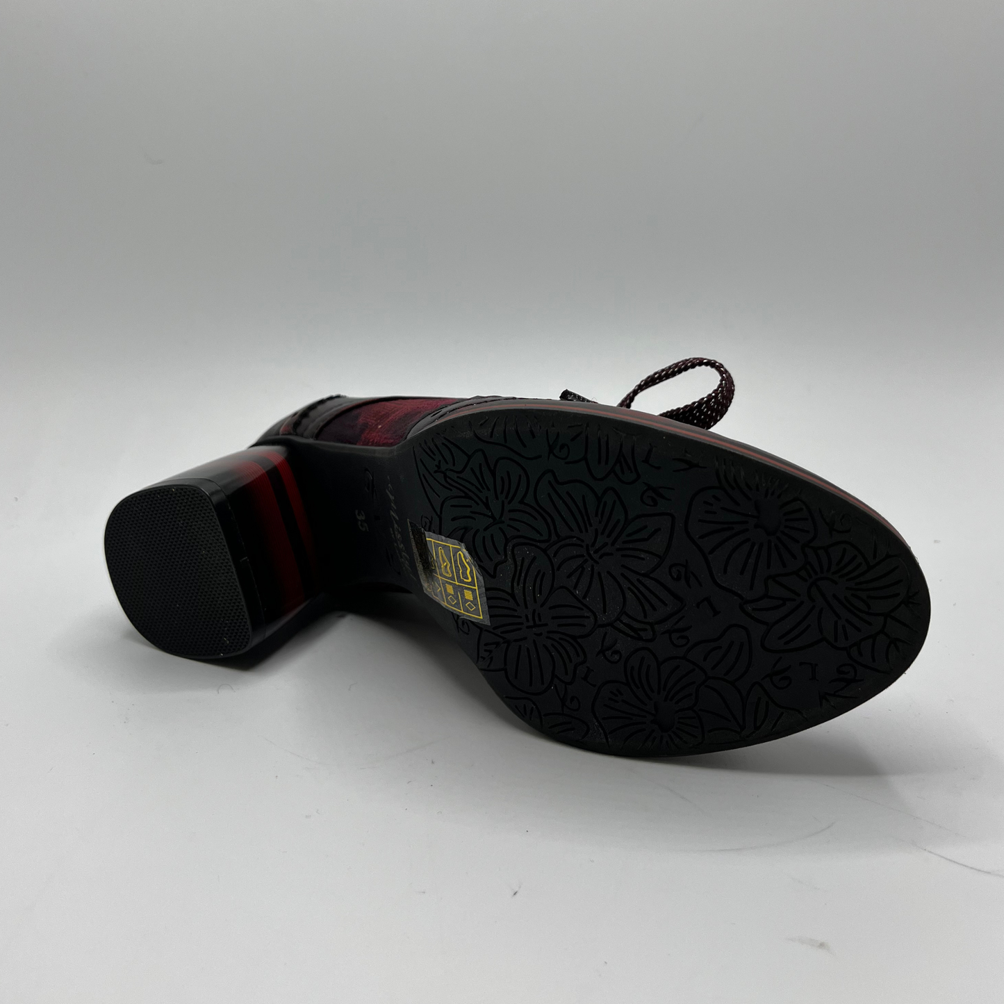 Black shoe sole with textured pattern on a white background