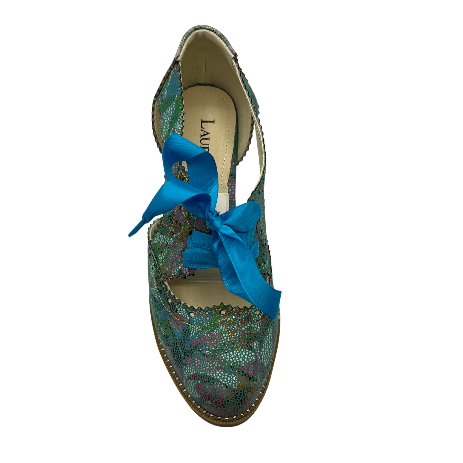 Top view of patterned leather oxford with blue ribbon laces and stacked heel.