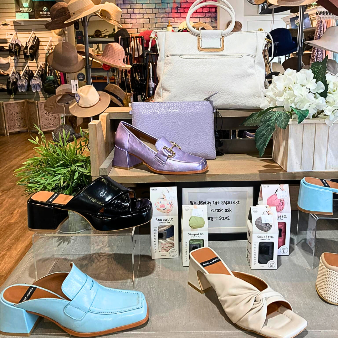 Lavender Angel Alarcon Drew, colourful Angel Alarcon shoes and bags in store display