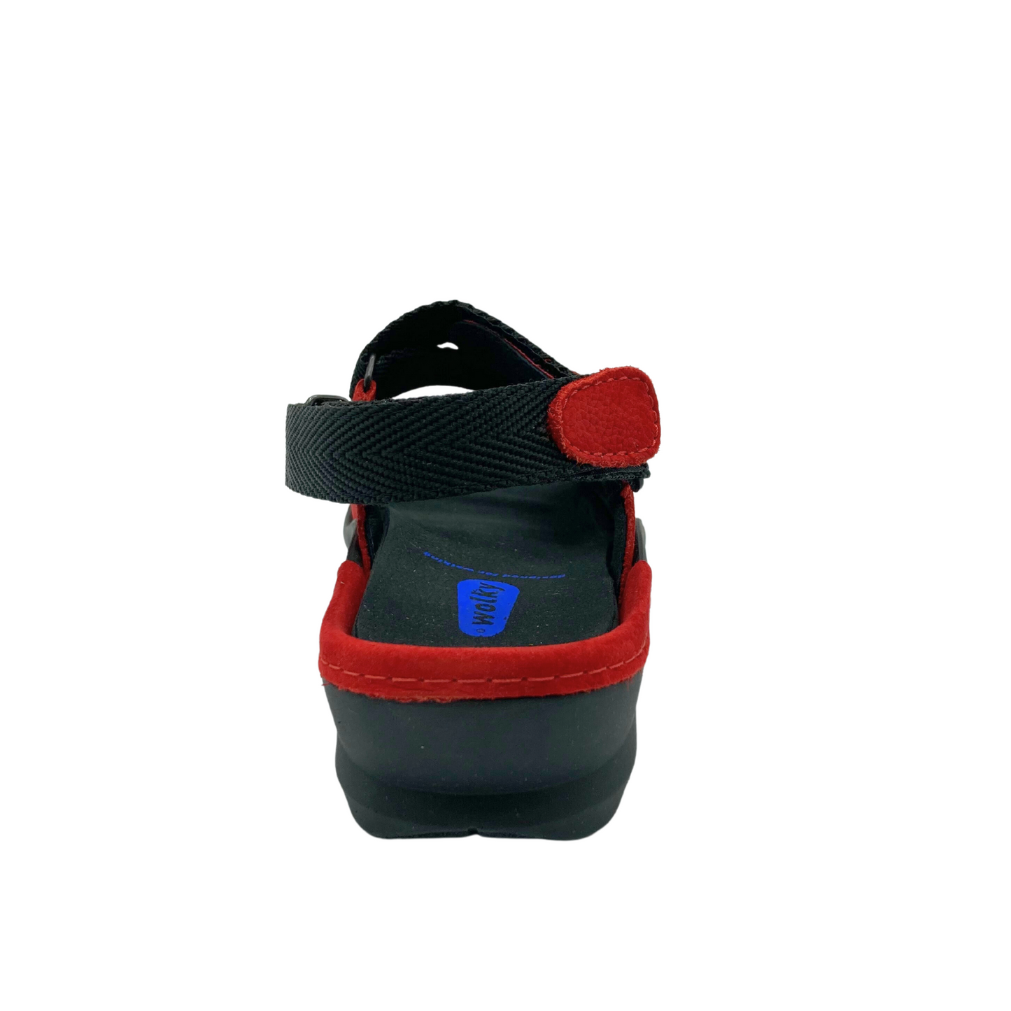 Rear view of red leather sandal showing the adjustable heel strap and deep heel cup