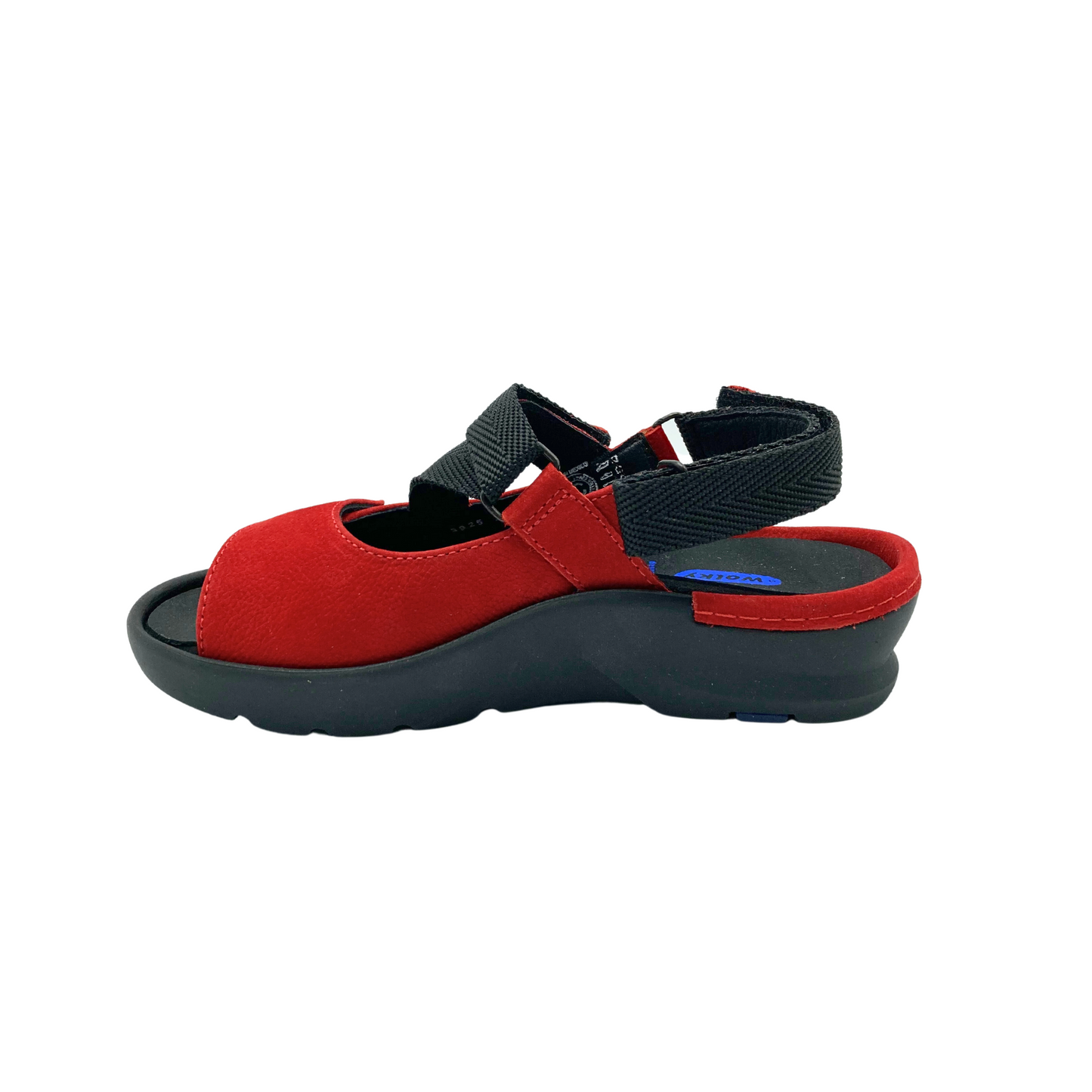Inside view of a red leather sandal with removable, ergonomic footbed. Deep heel cup. Adjustable heel strap