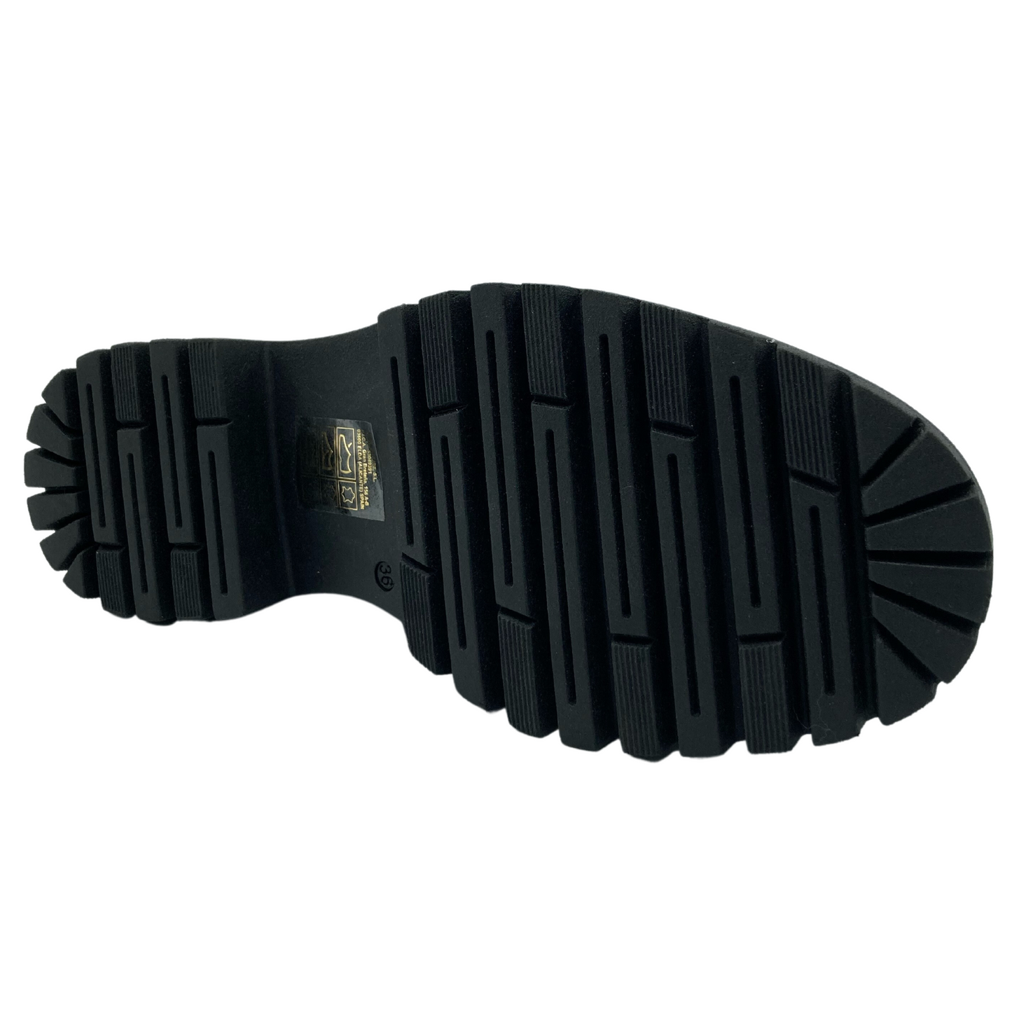 Bottom view of patent leather loafer with black rubber lug sole