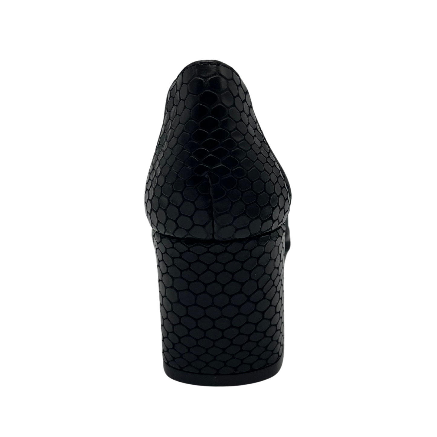 Back view of black suede pump with croc print toe cap and wrapped heel