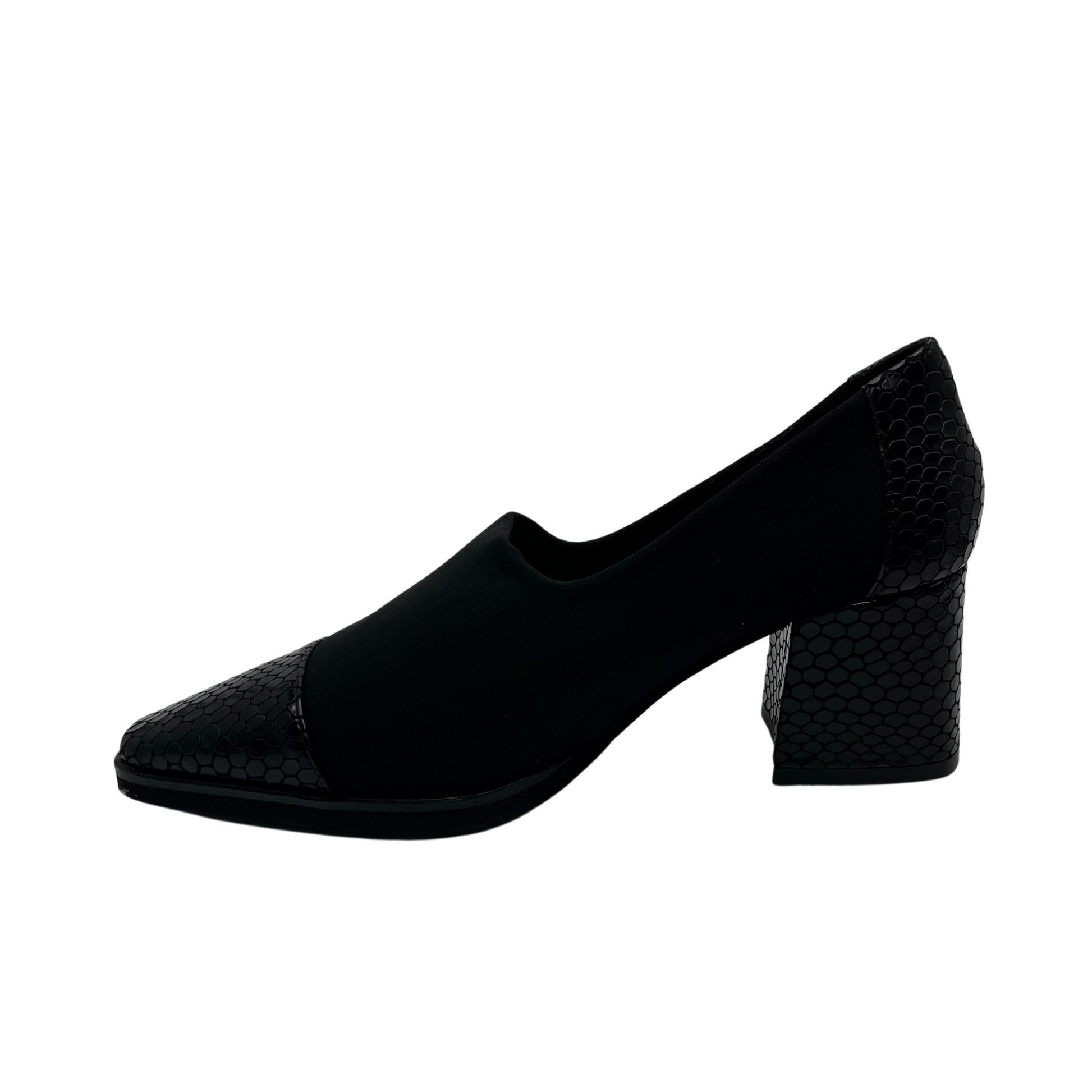 Left facing view of black suede pump with croc print toe cap and wrapped heel