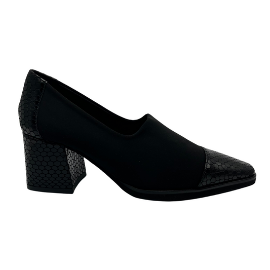 Right facing view of black suede pump with croc print toe cap and wrapped heel