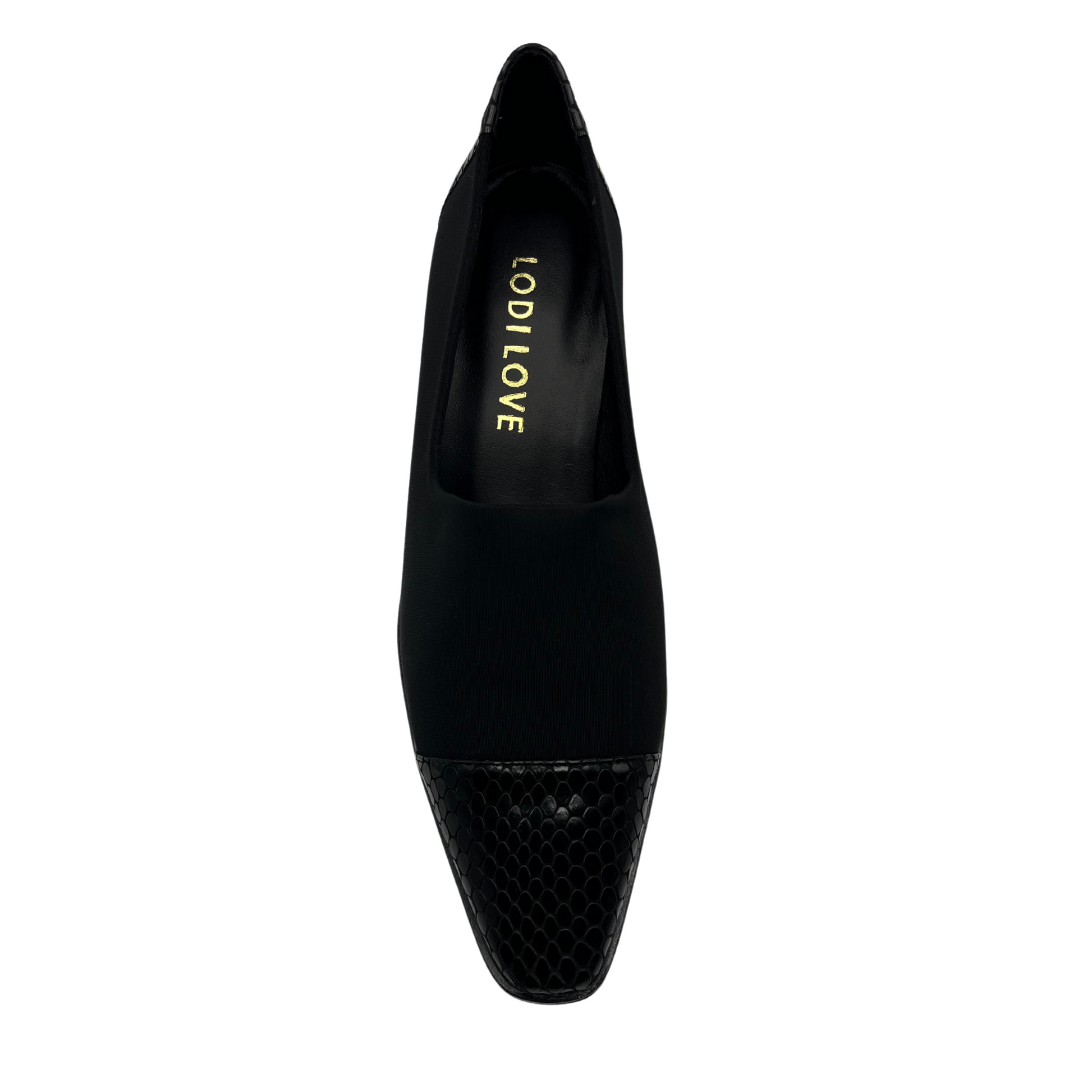 Top view of black suede pump with croc print toe cap and wrapped heel