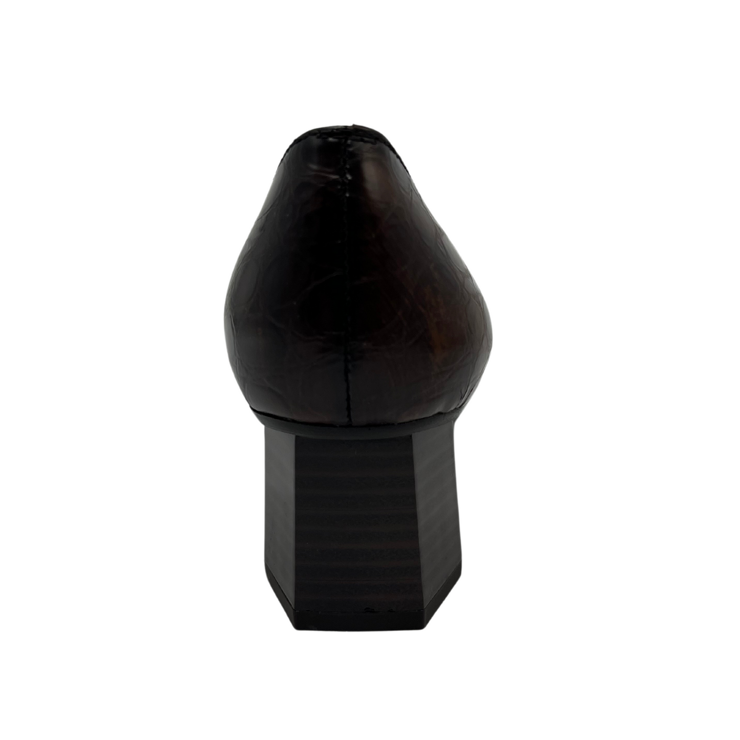 Back view of brown embossed leather pump with hexagonal shaped heel and pointed toe.