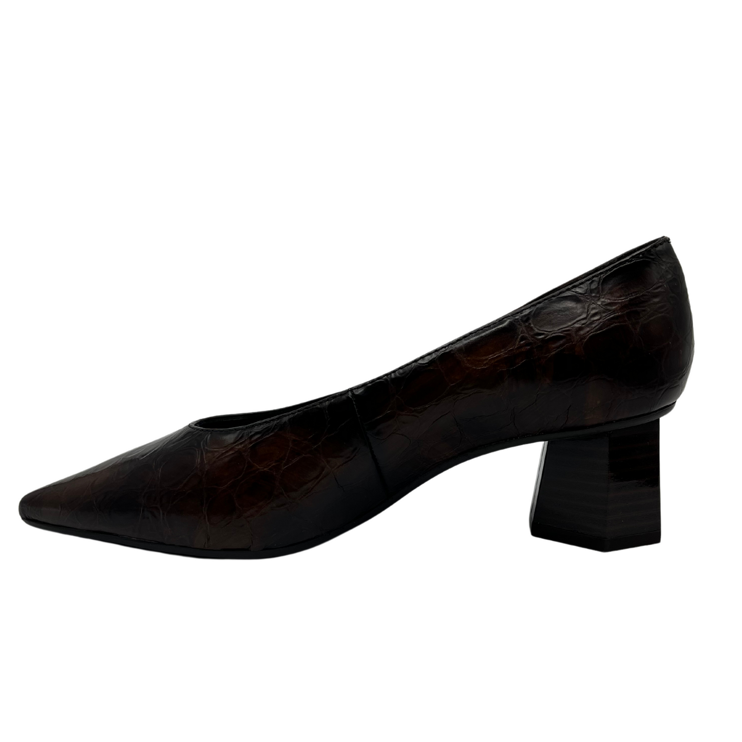 Left facing view of brown embossed leather pump with hexagonal shaped heel and pointed toe.