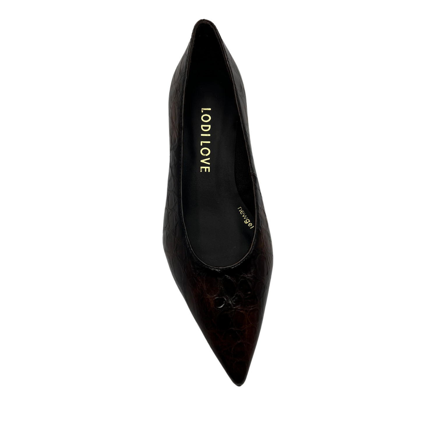 Top view of brown embossed leather pump with hexagonal shaped heel and pointed toe.