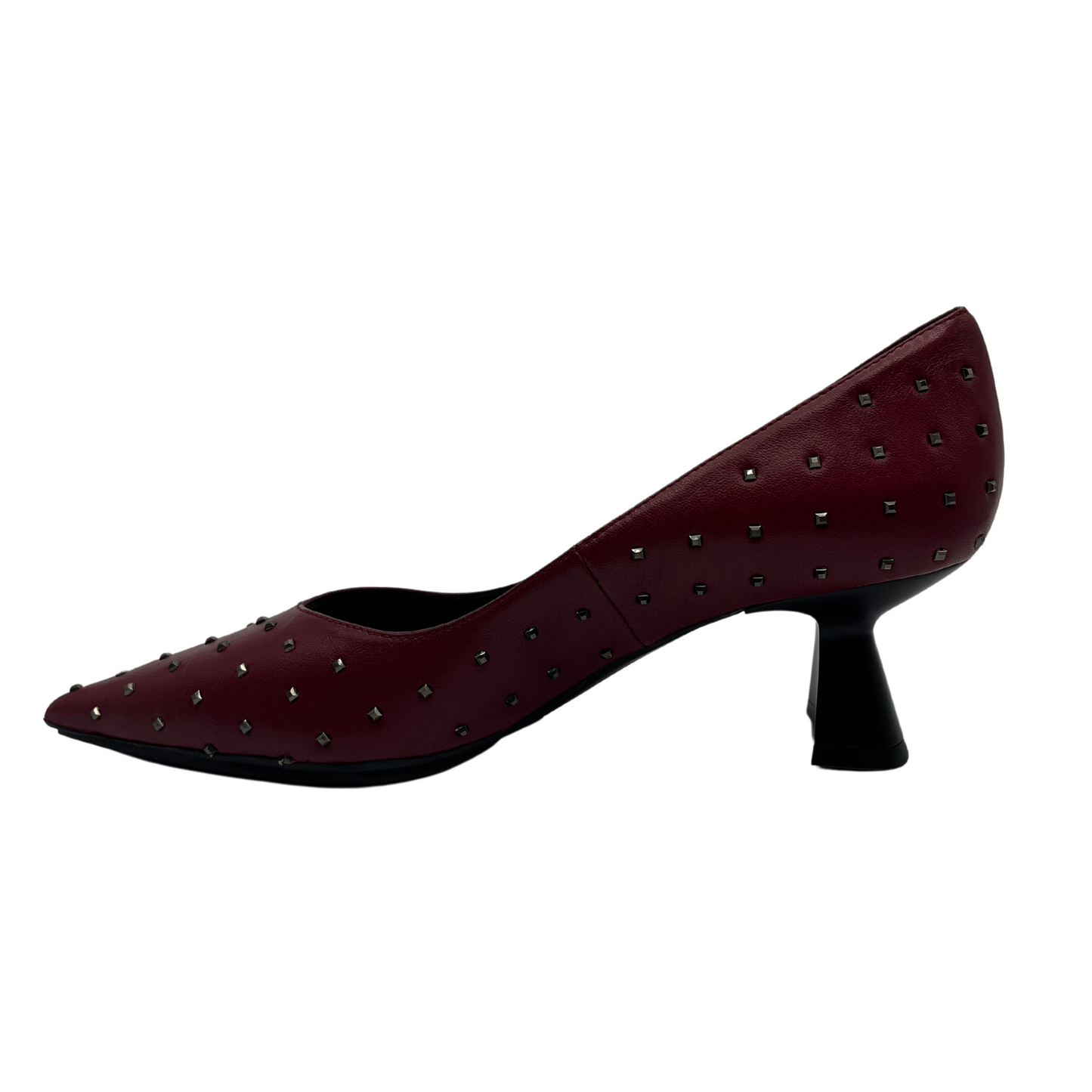 Left facing view of red leather pump with metallic studs and flared heel