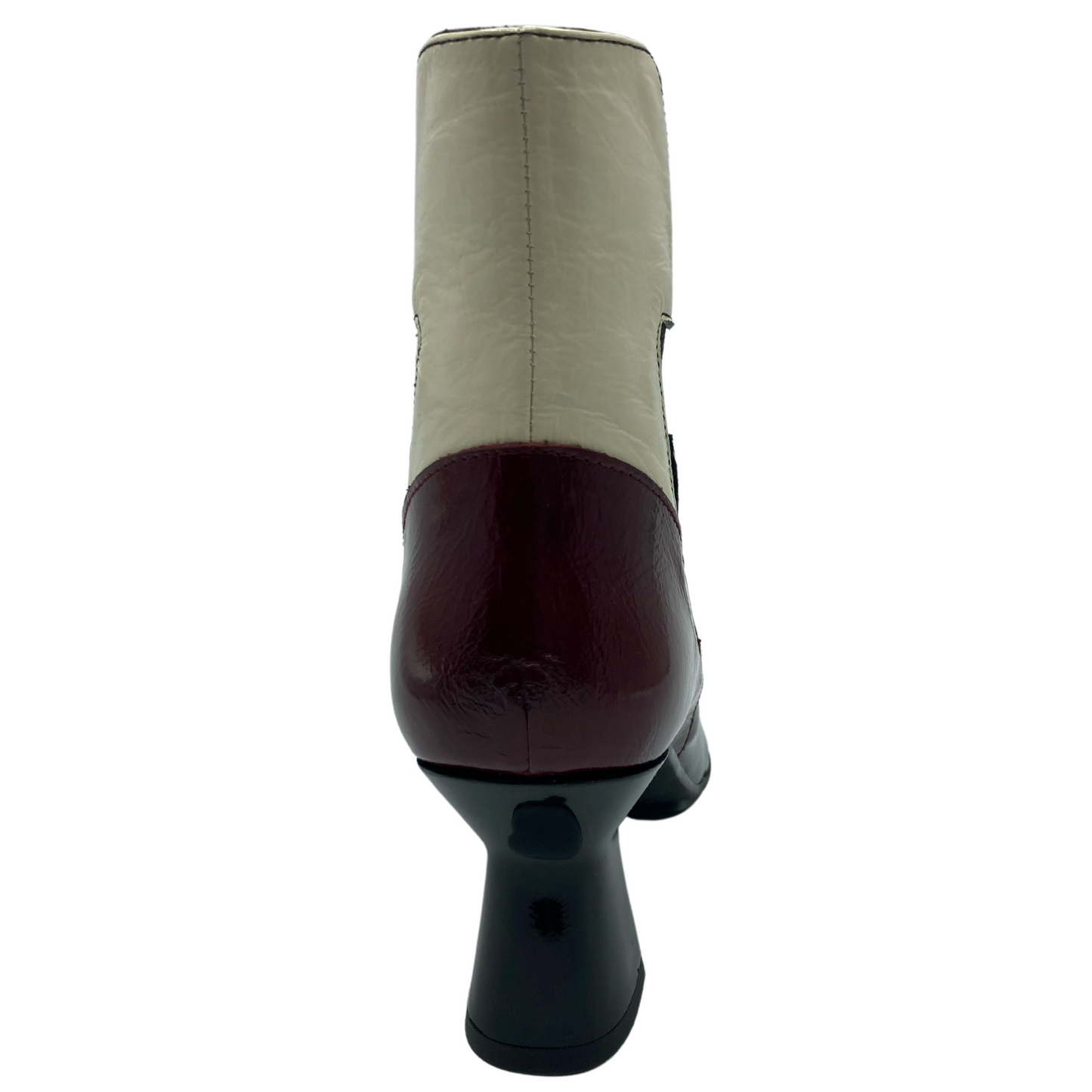 Back view of leather ankle boot with flared heel