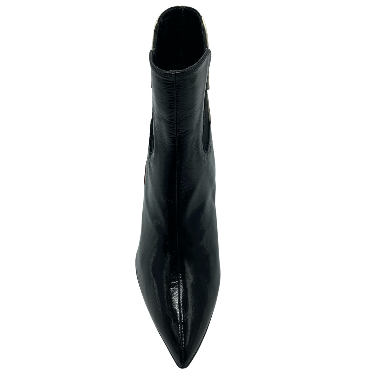 Top view of black leather ankle boot with pointed toe