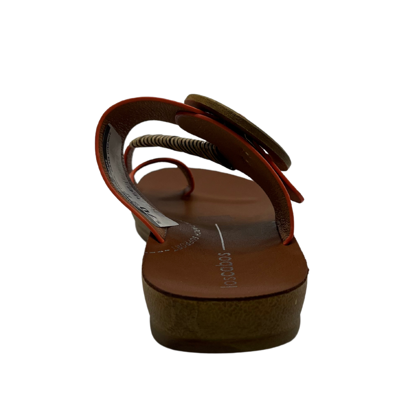 Back view of orange strapped slip on sandal. Featuring a wooden buckle and bamboo wrap on the toe strap.
