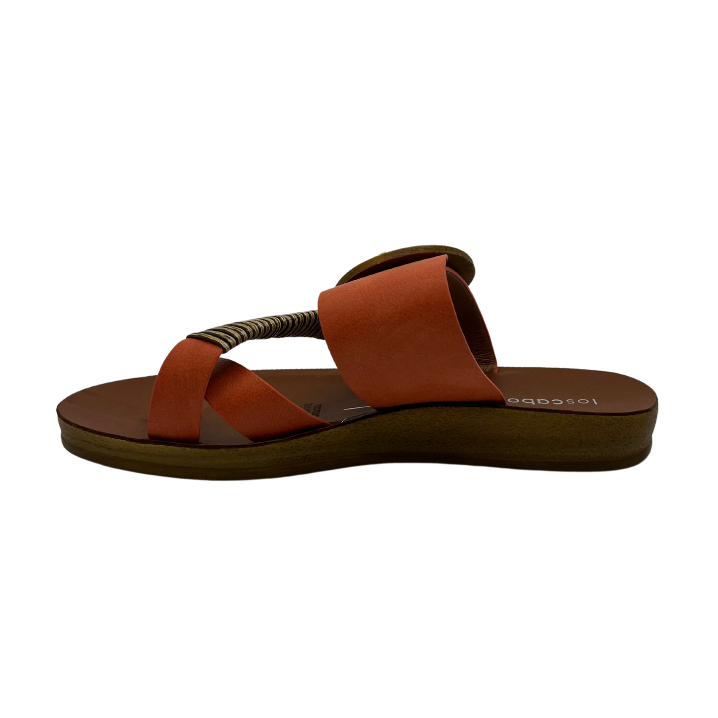 Left facing view of orange strapped slip on sandal. Featuring a wooden buckle and bamboo wrap on the toe strap.