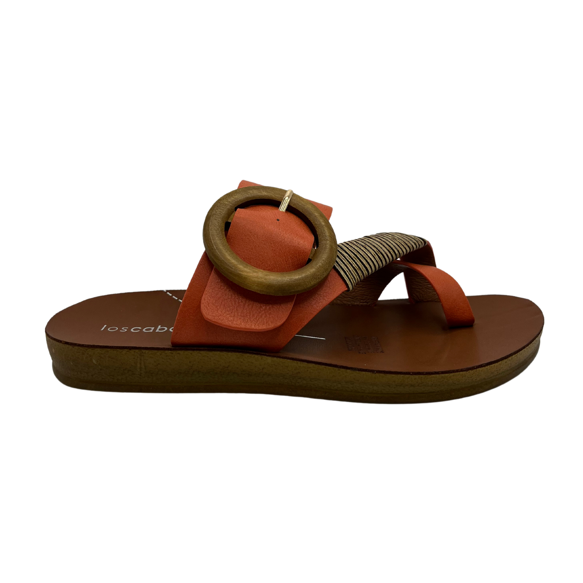 Right facing view of orange strapped slip on sandal. Featuring a wooden buckle and bamboo wrap on the toe strap.