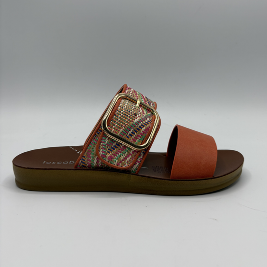 Right view of a tangerine coloured sandal with two straps