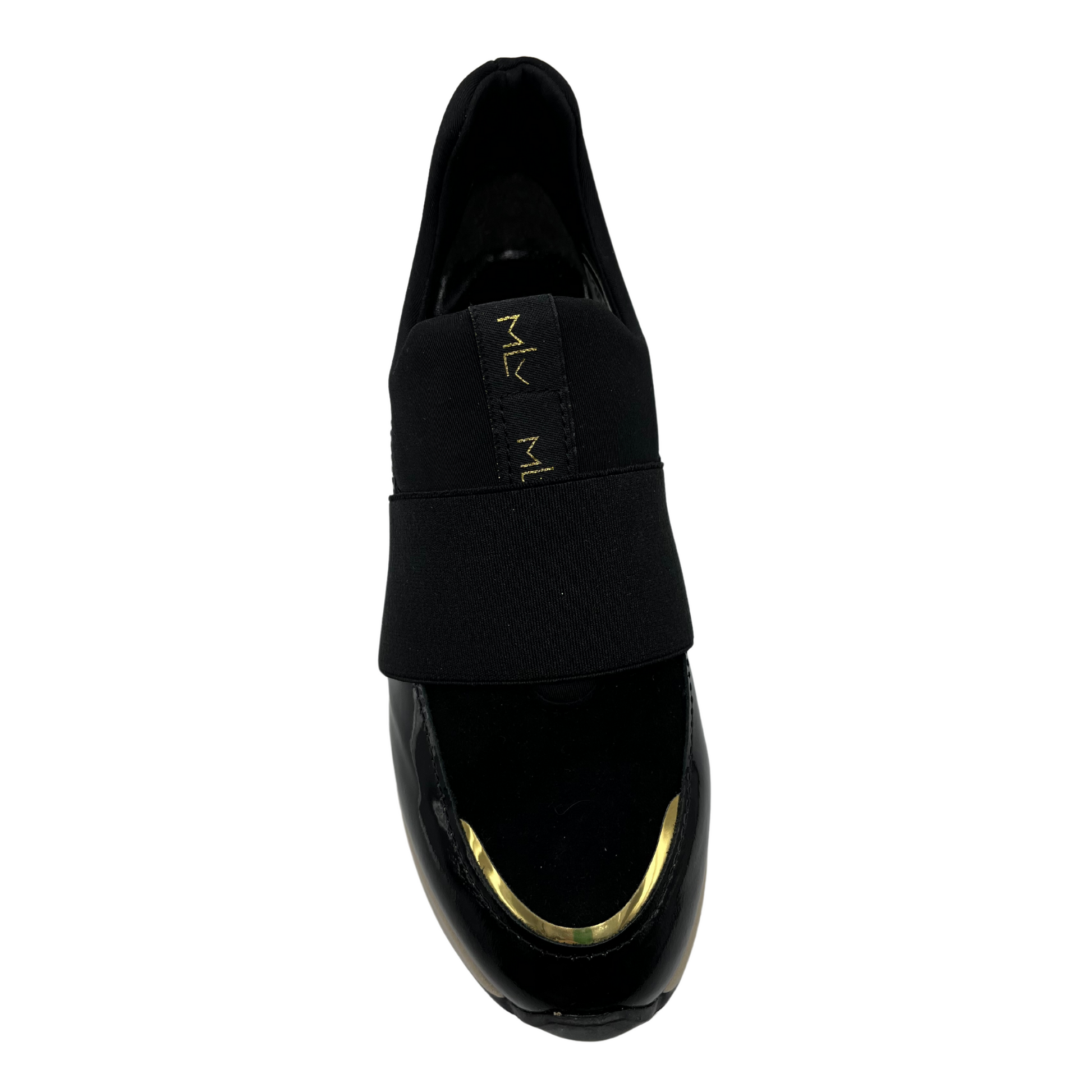 Top view of black hidden wedge sneakers with an elastic closure and beige outsole