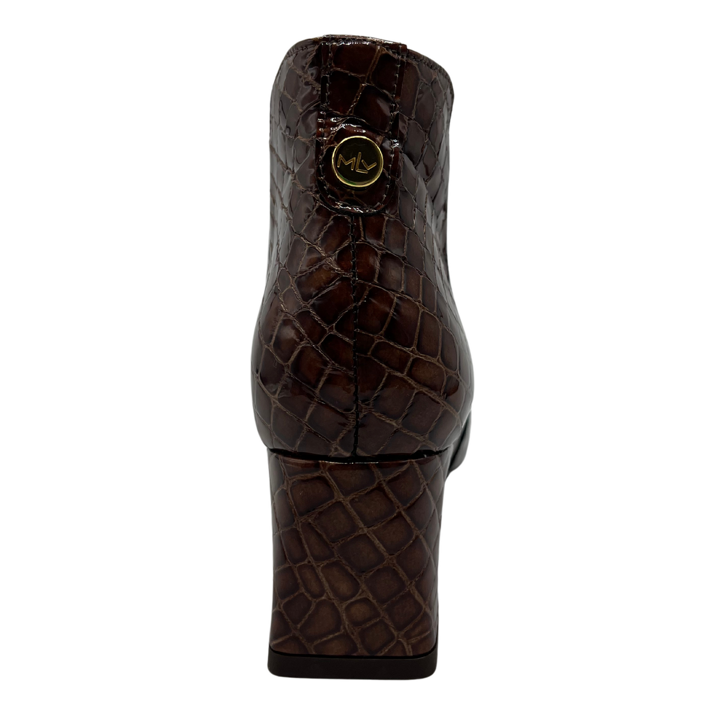 Back view of textured croc print leather bootie with a pointed toe and flared heel