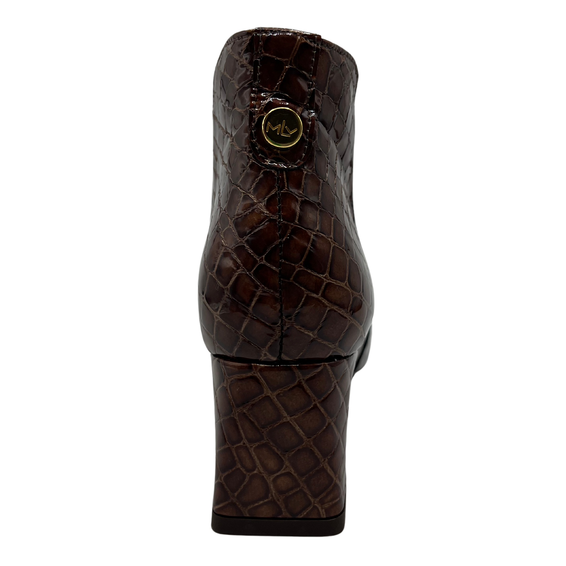 Back view of textured croc print leather bootie with a pointed toe and flared heel