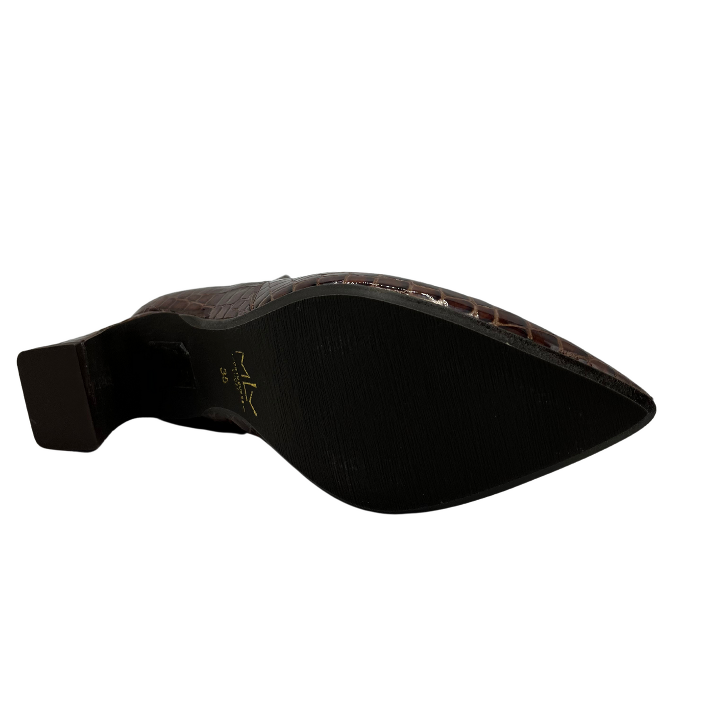 Bottom view of textured croc print leather bootie with a pointed toe and flared heel