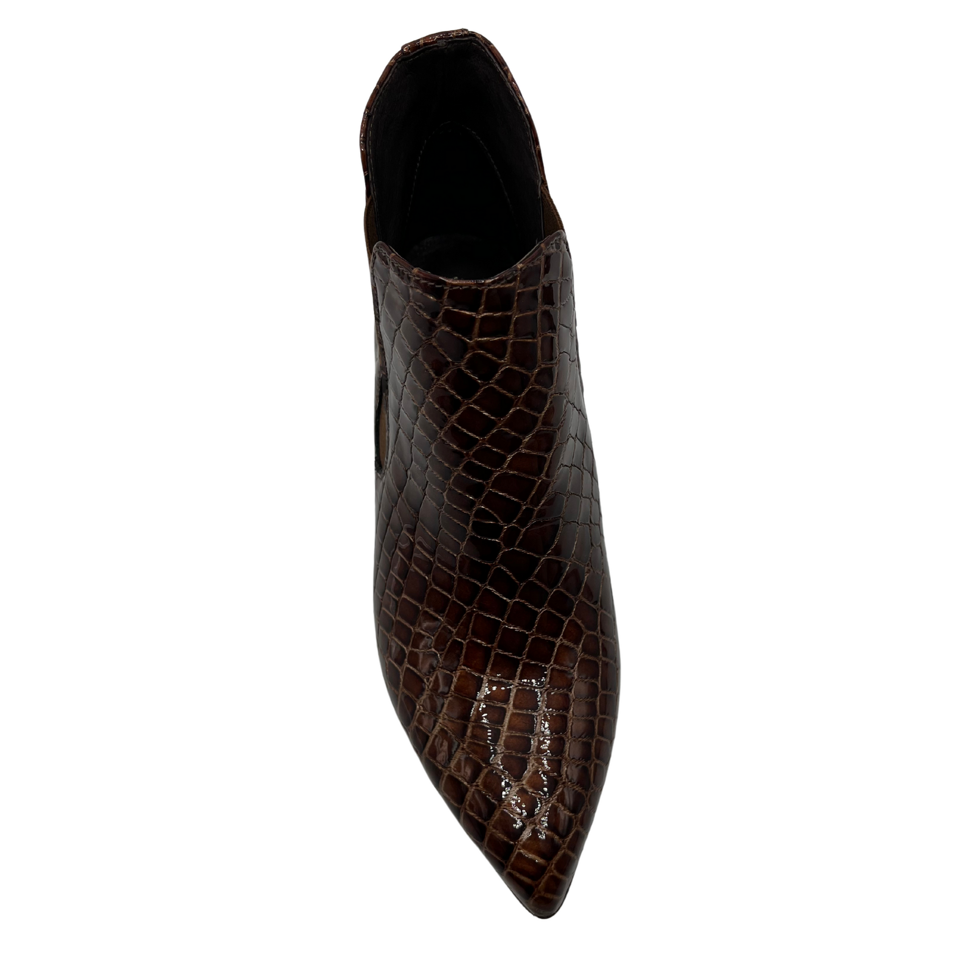 Top view of textured croc print leather bootie with a pointed toe and flared heel