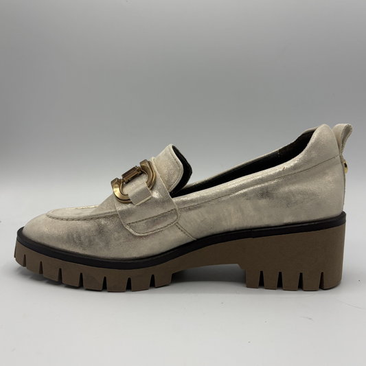 Left facing view of a metallic leather loafer with a rubber outsol