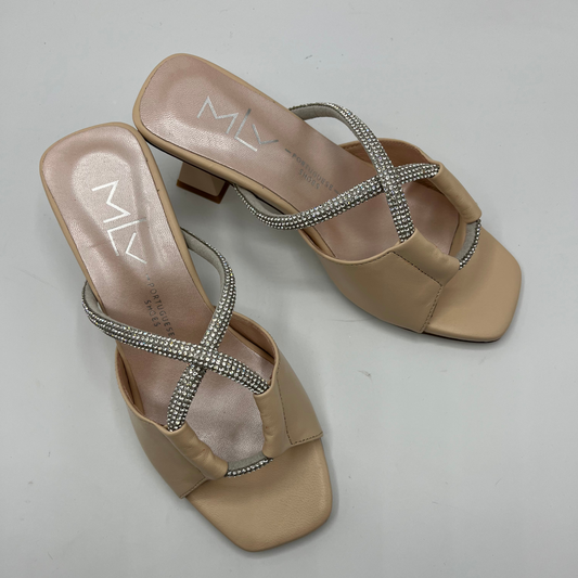 Top view of a pair of beige leather sandals with a geometric flared heel, leather lining and a silver jewelled rope detail.