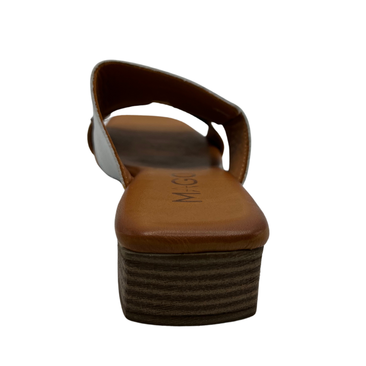 Back view with white, gold and tan leather with a square toe and block heel