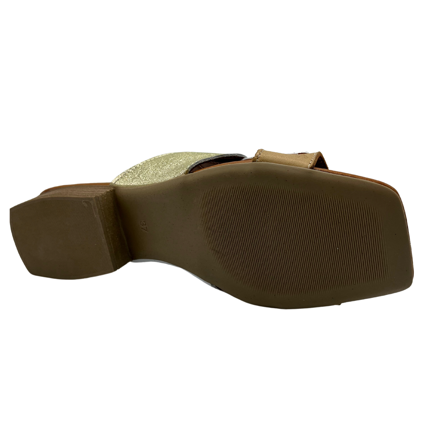 Bottom view with white, gold and tan leather with a square toe and block heel